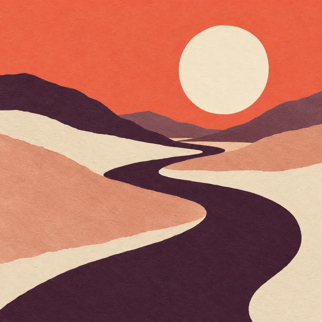 Paper collage of a winding road beneath a bright sun