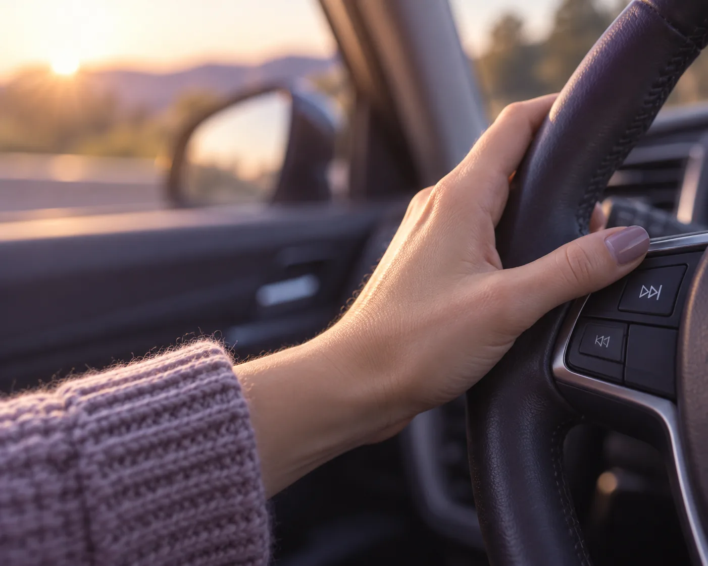 A hand on the steering wheel, thumb hovering over the skip button