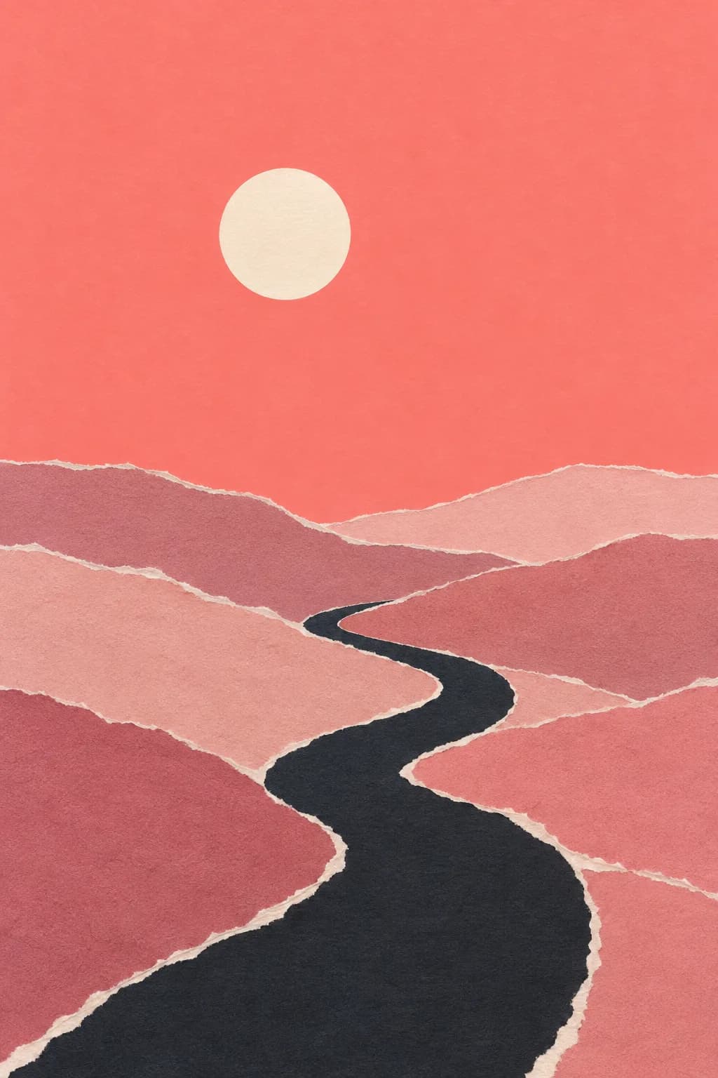 Torn-paper collage of a dark road winding through pink hills under a pale sun